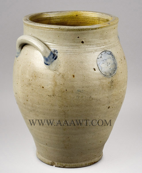 Ovoid Stoneware Jar with Impressed Sun Face Design, Early and Rare
Attributed to Xerxes Price
South Amboy, New Jersey
Circa 1820, entire view